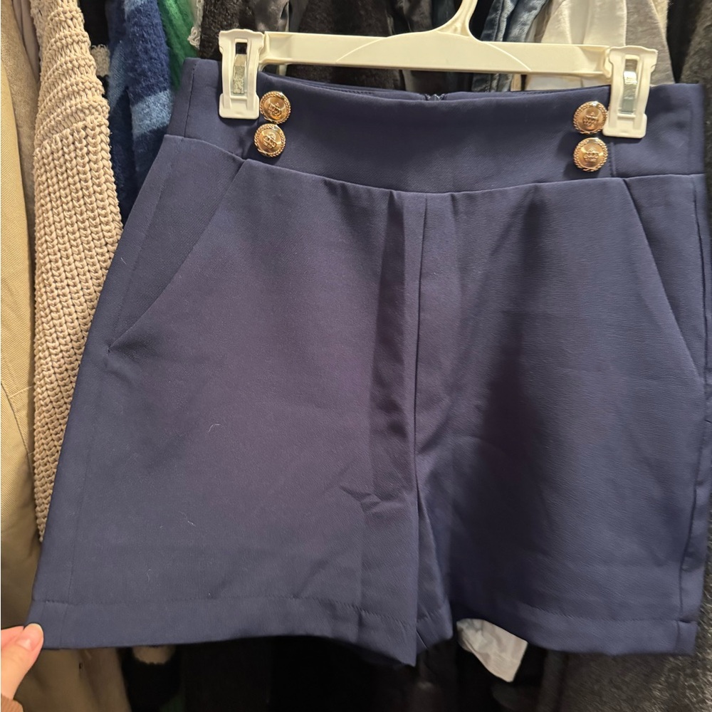 Walter Baker Navy High Waist Shorts with Gold Accents